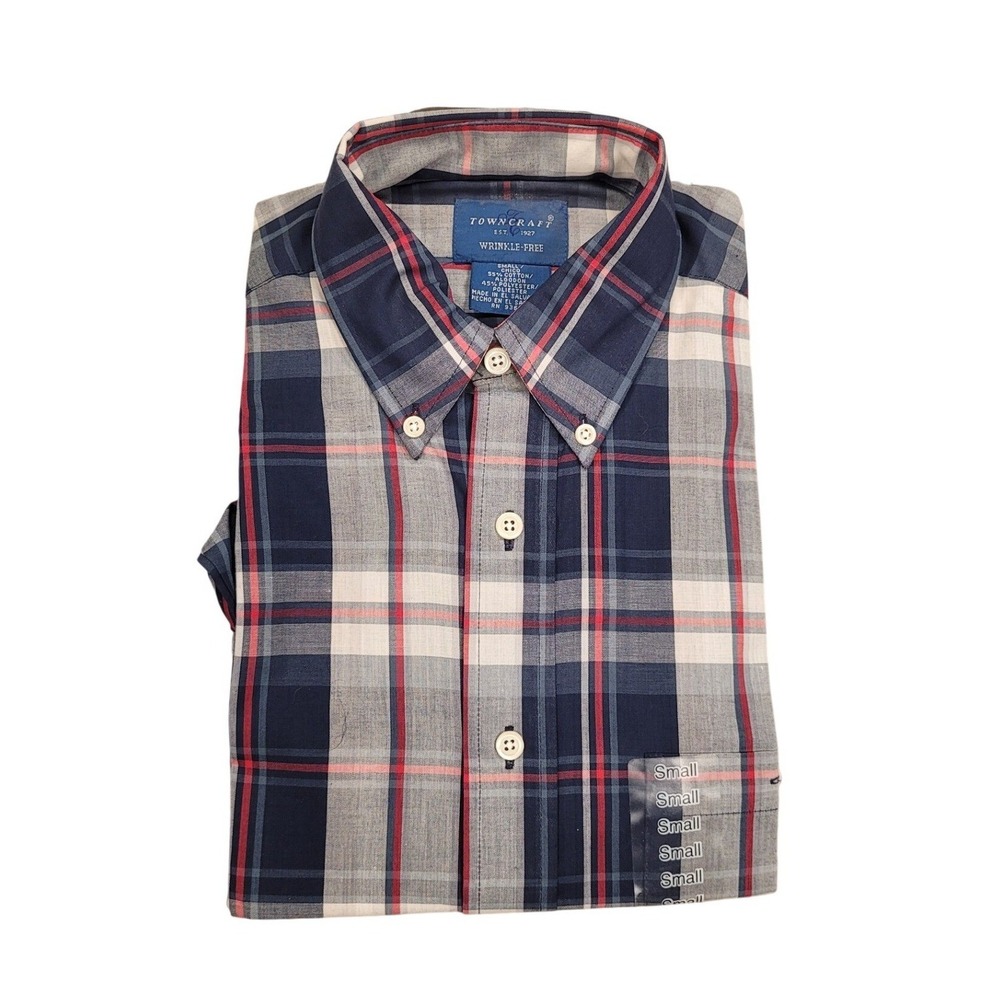 Towncraft Mens Small Wrinkle-Free Plaid Button Down Shirt Navy Grey Long Sleeve